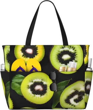 Green kiwi Print 28L Beach Tote Bag, Water-resistant Travel Tote, Lightweight Gym & Camping Carryall