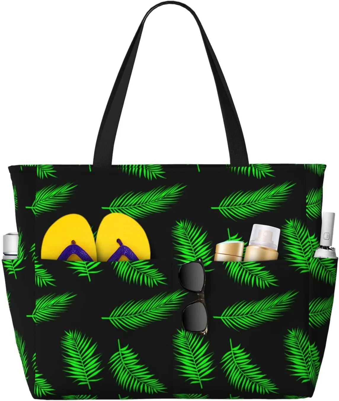 Green Leaf Print 28L Beach Tote Bag, Water-resistant Travel Tote, Lightweight Gym & Camping Carryall