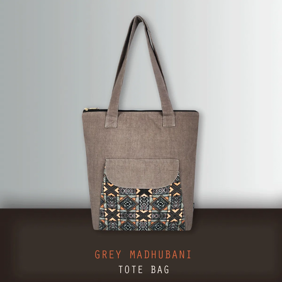 Grey Madhubani Flap Tote Bag