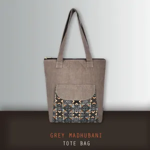 Grey Madhubani Flap Tote Bag