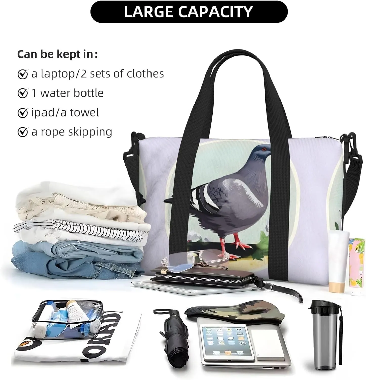 Grey Pigeon Print Women Travel Duffel Bag, Large Weekender Carry-On Tote, Gym Workout Bag,Mommy Hospital Bag