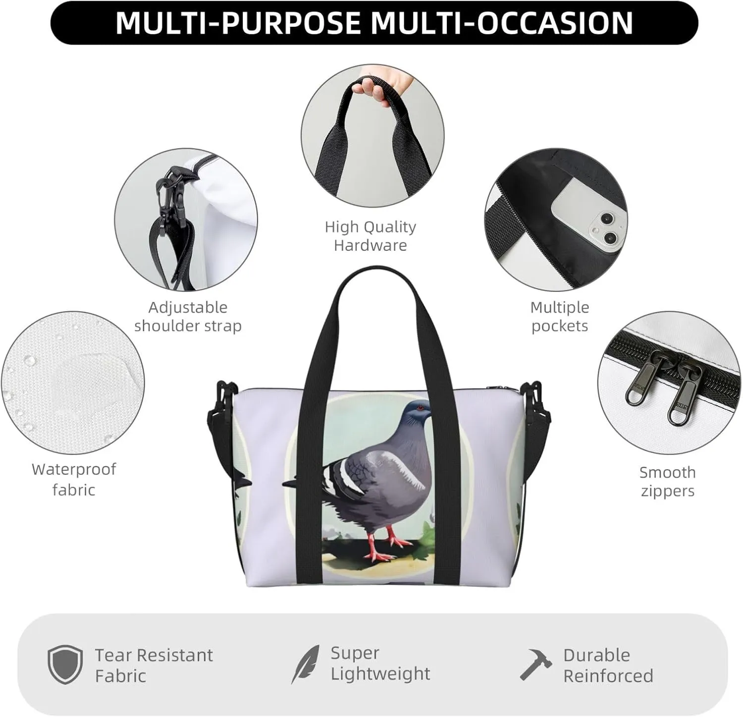 Grey Pigeon Print Women Travel Duffel Bag, Large Weekender Carry-On Tote, Gym Workout Bag,Mommy Hospital Bag