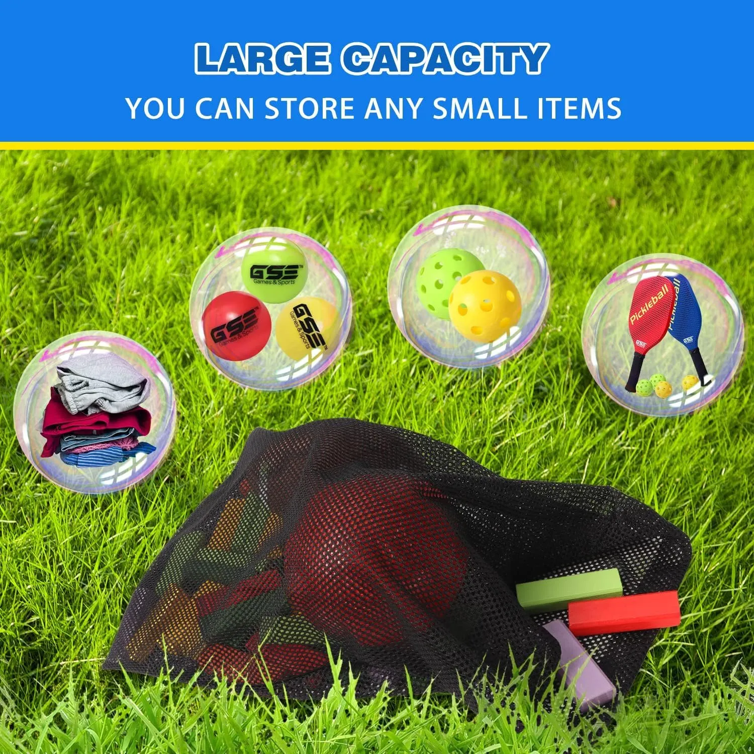 GSE Games & Sports Expert 6 Pack 18"x12" Black Mesh Drawstring Bag. Sports Equipment Storage Bag for Gym Gear, Beach Toys, Baseballs, Golf Balls, Soft Balls, Laundry Bag