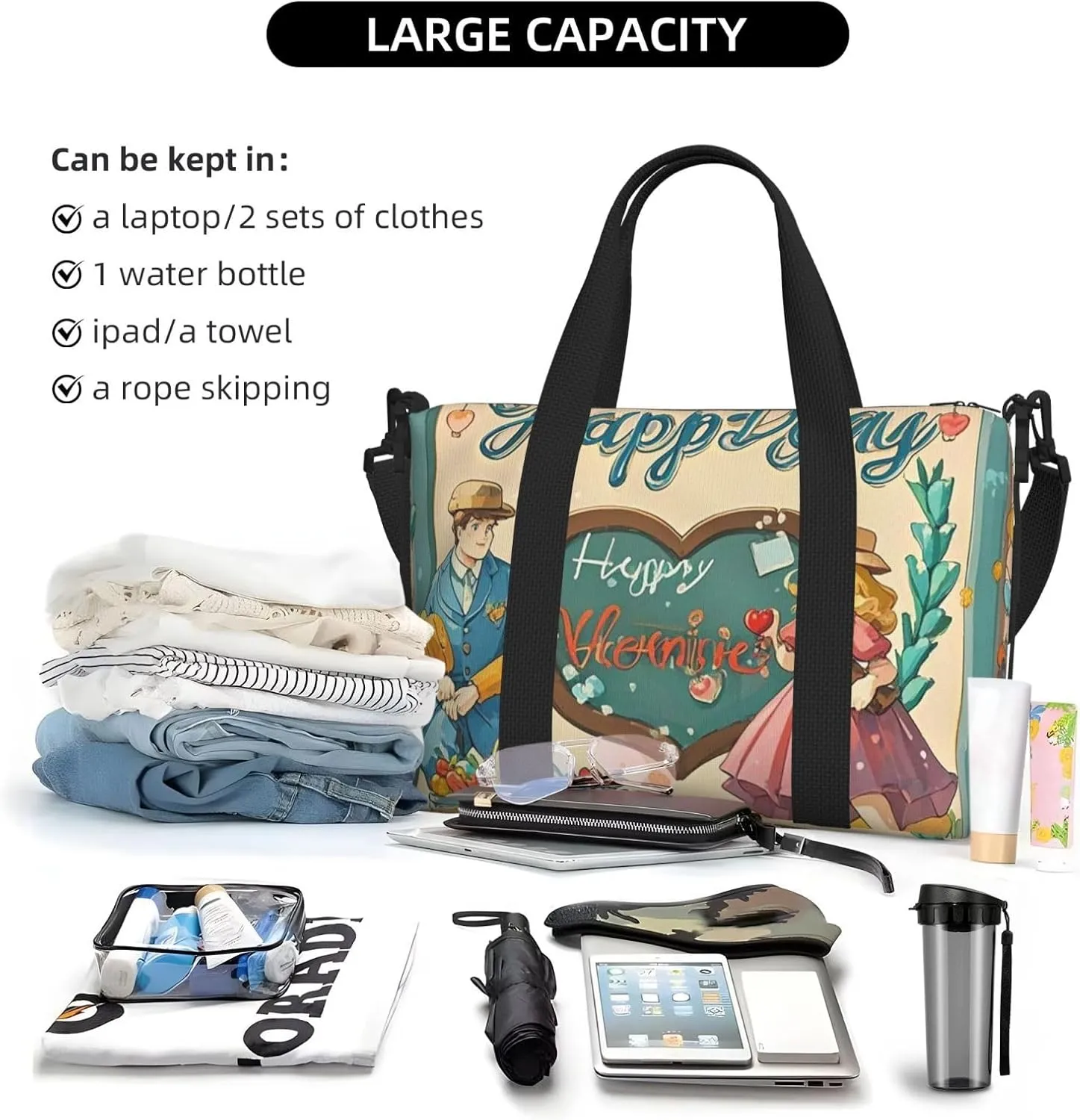 Gym Bag Happy Valentine's Day Duffel Bag for Men Women Travel Overnight Bag with Shoe Compartment Workout Bags