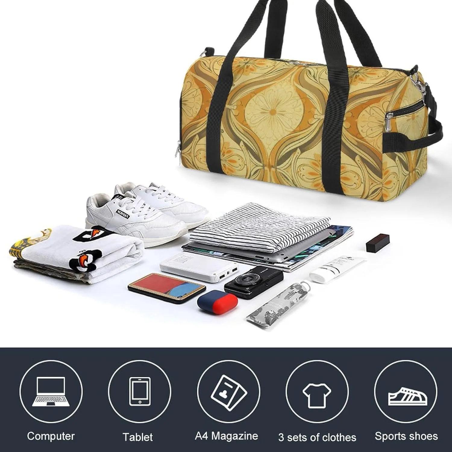 Gym Bag Medieval Vintage Pattern Duffel Bag for Men Women Travel Overnight Bag with Shoe Compartment Workout Bags