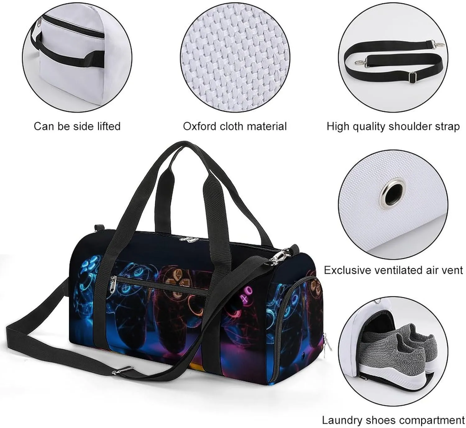 Gym Bag Two Game Controllers Duffel Bag for Men Women Travel Overnight Bag with Shoe Compartment Workout Bags
