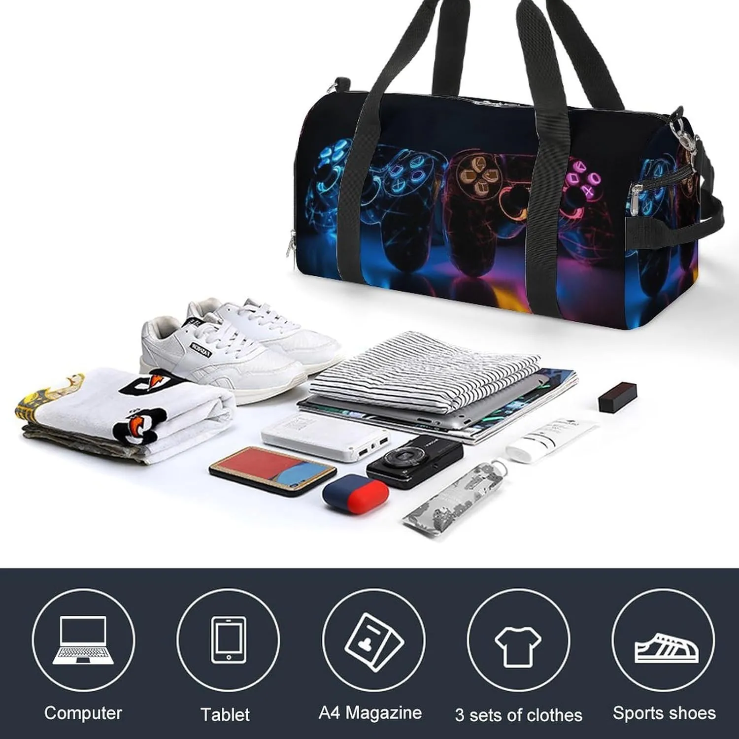 Gym Bag Two Game Controllers Duffel Bag for Men Women Travel Overnight Bag with Shoe Compartment Workout Bags