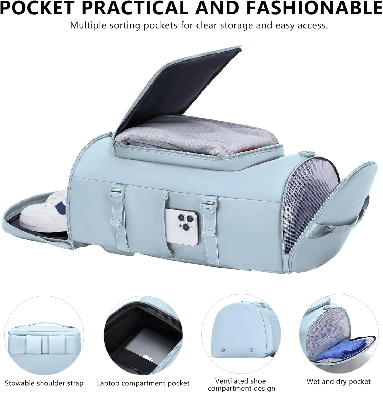 Gym Bag with Shoes Compartment - Duffle Bag for Men and Women, Travel Backpack Weekender Overnight Bag, Sports Bag with Wet Pocket Blue - MIYCOO