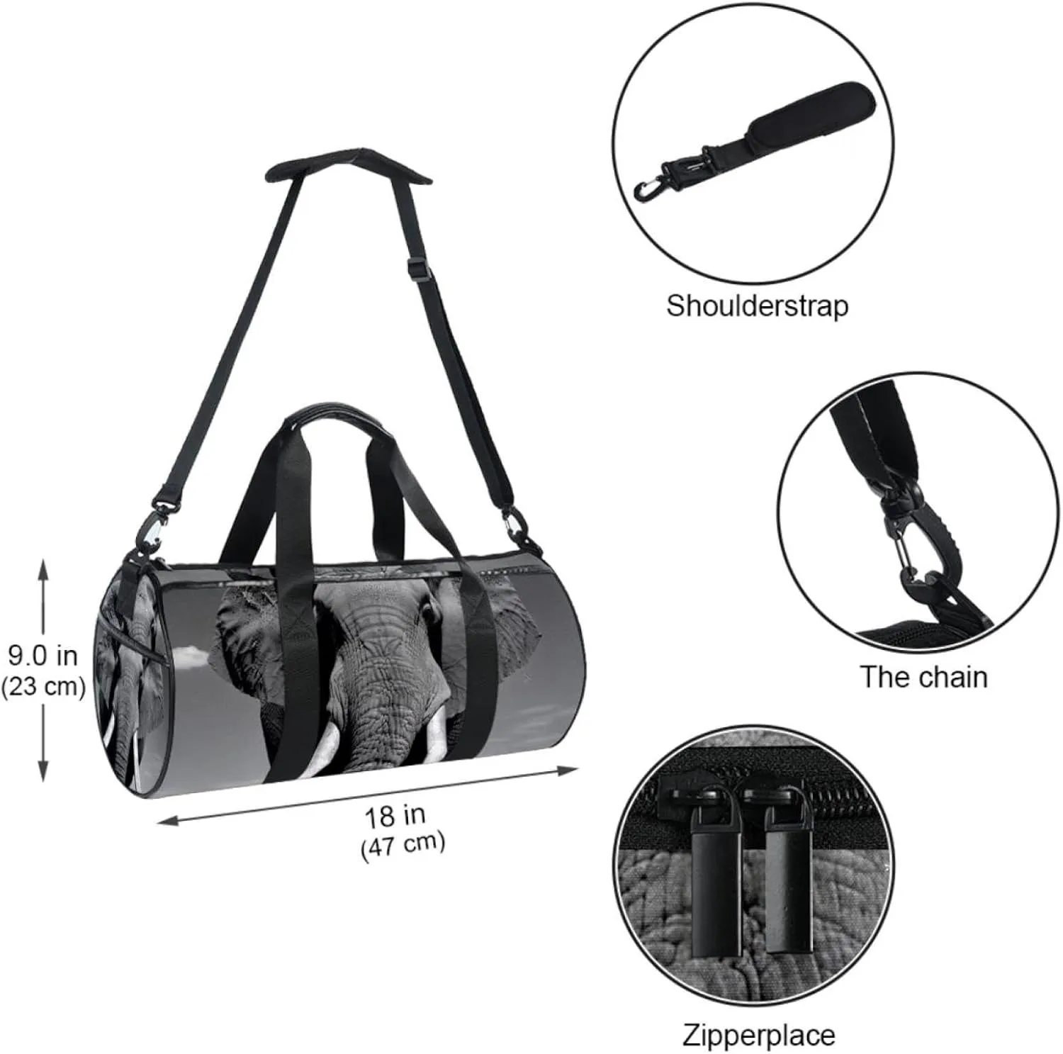 Gym Bags for Women,Duffle Bag for Travel,Asian Elephant Face Portrait,Gym Bag for Men