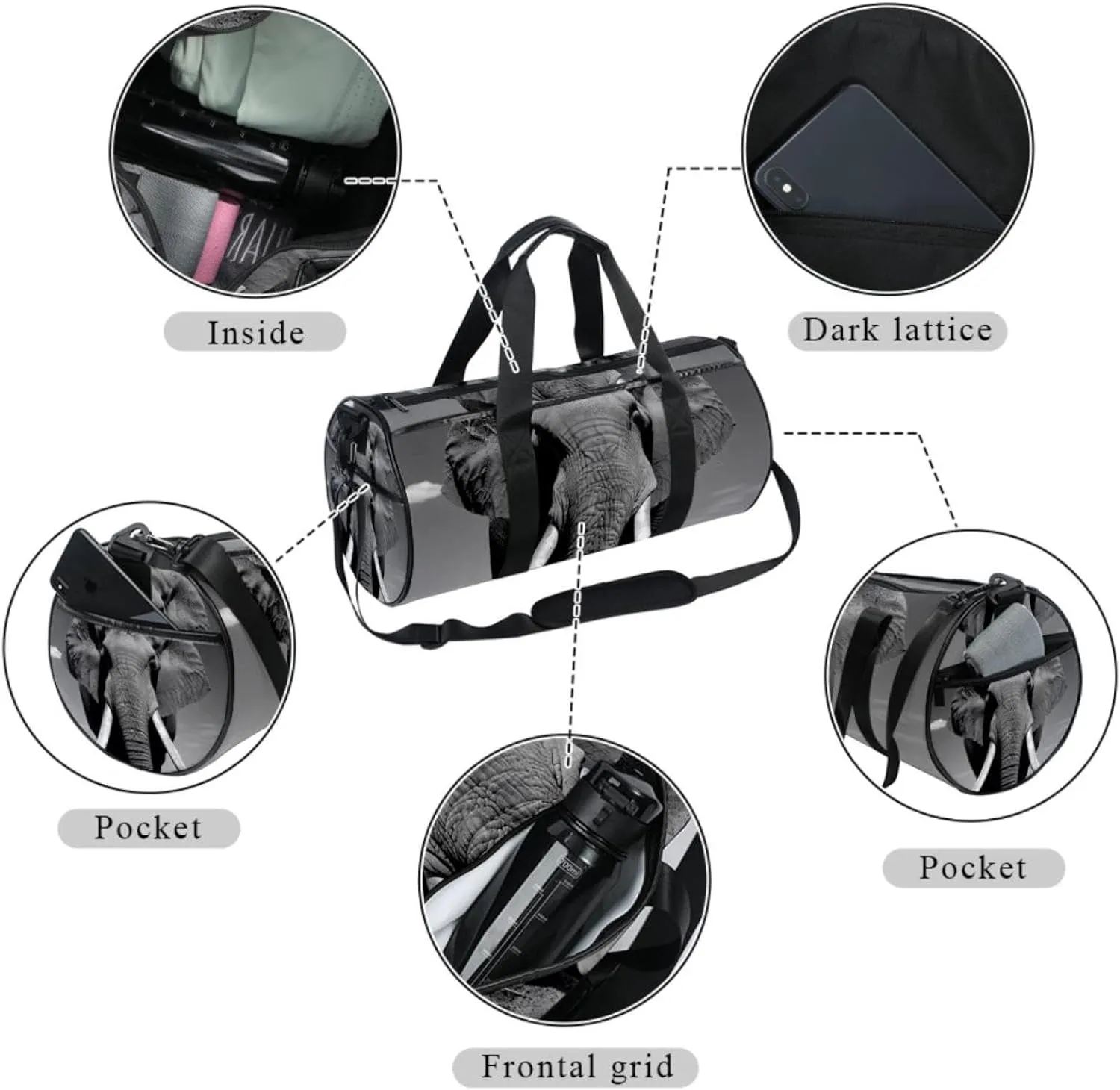 Gym Bags for Women,Duffle Bag for Travel,Asian Elephant Face Portrait,Gym Bag for Men