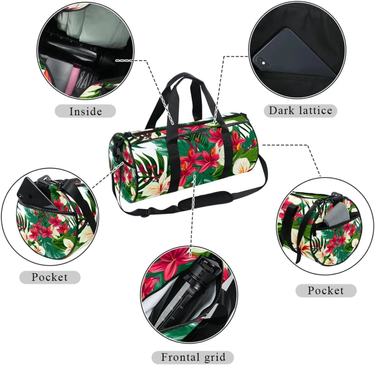 Gym Bags for Women,Duffle Bag for Travel,Tropical Leaves and Flowers,Gym Bag for Men