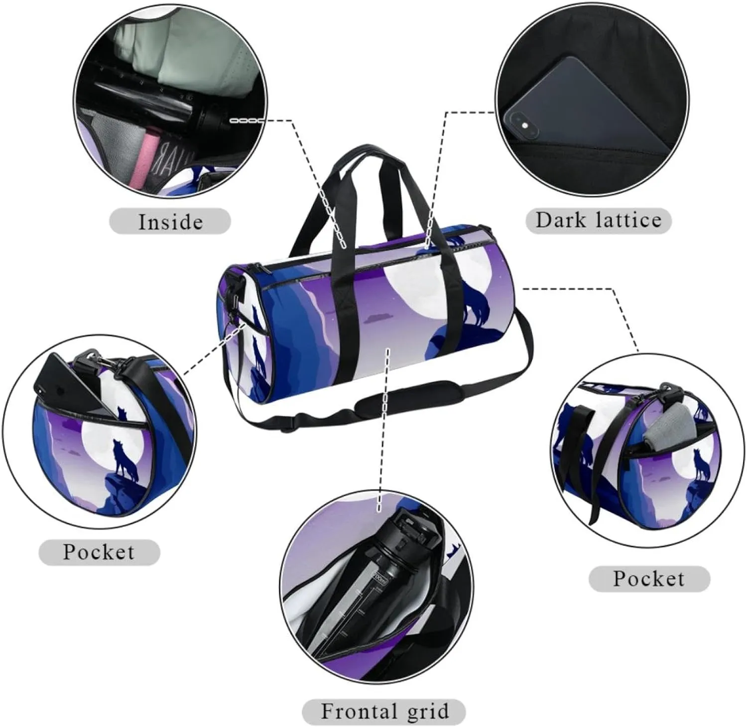 Gym Bags for Women,Duffle Bag for Travel,Wolf Night Moon,Gym Bag for Men