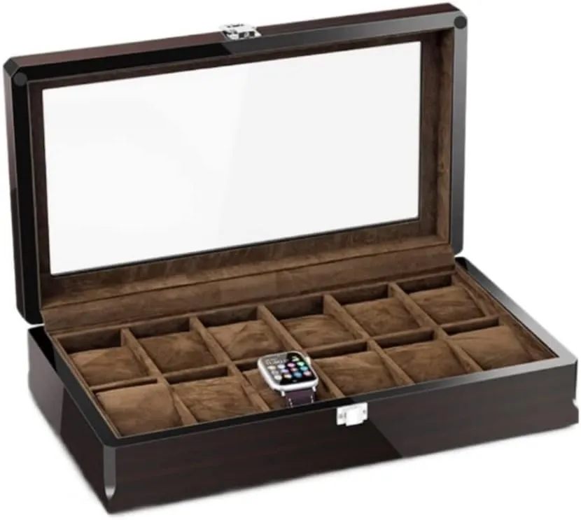 Habrur Watch Roll Watch Case Watch Stand Watch Box Watch Box 12 Grid Watch Box Jewelry Box with Wood Grain Watch Storage Box Transparent Window for Home Watch Winder Watch Organizer