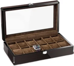 Habrur Watch Roll Watch Case Watch Stand Watch Box Watch Box 12 Grid Watch Box Jewelry Box with Wood Grain Watch Storage Box Transparent Window for Home Watch Winder Watch Organizer