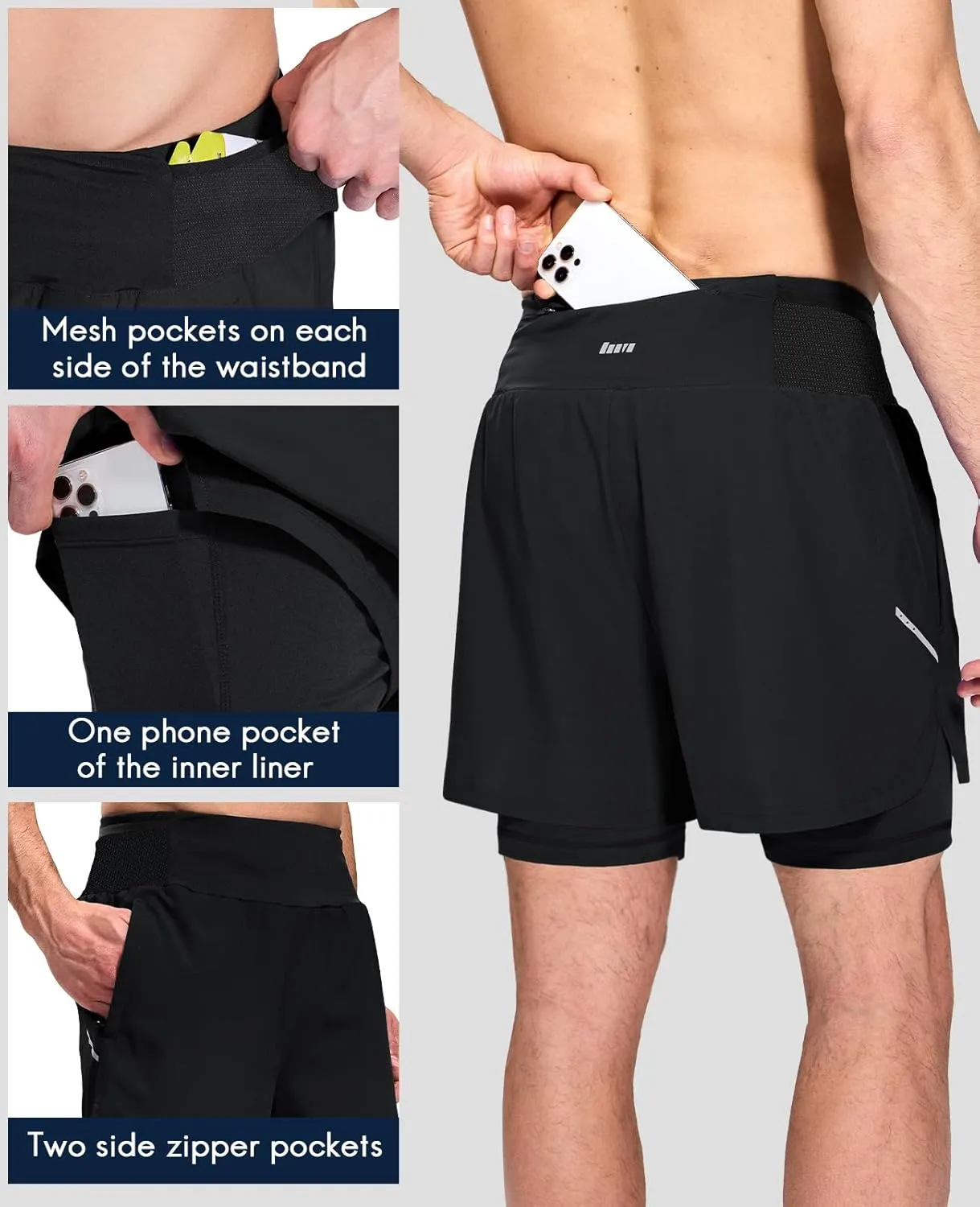 Haimont Men's 2 in 1 Running Shorts with Zipper Pockets Quick Dry Athletic Gym Workout Shorts with Liner