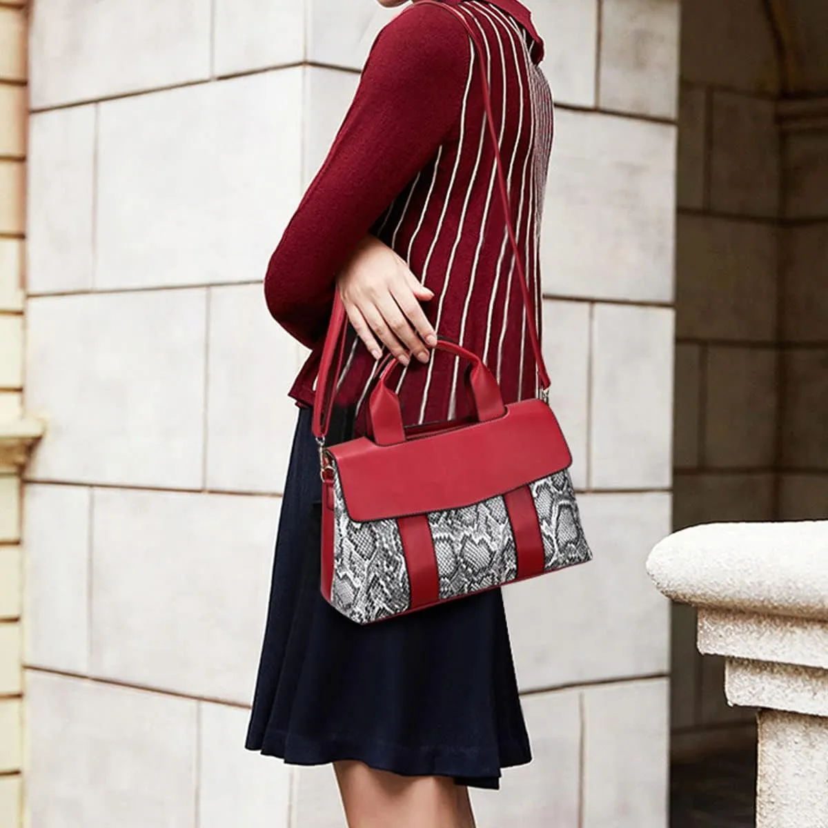 Handbag and Purse for Women Serpentine Shoulder Bag PU Leather Top-Handle Satchel Magnetic Clasp Crossbody Bag
