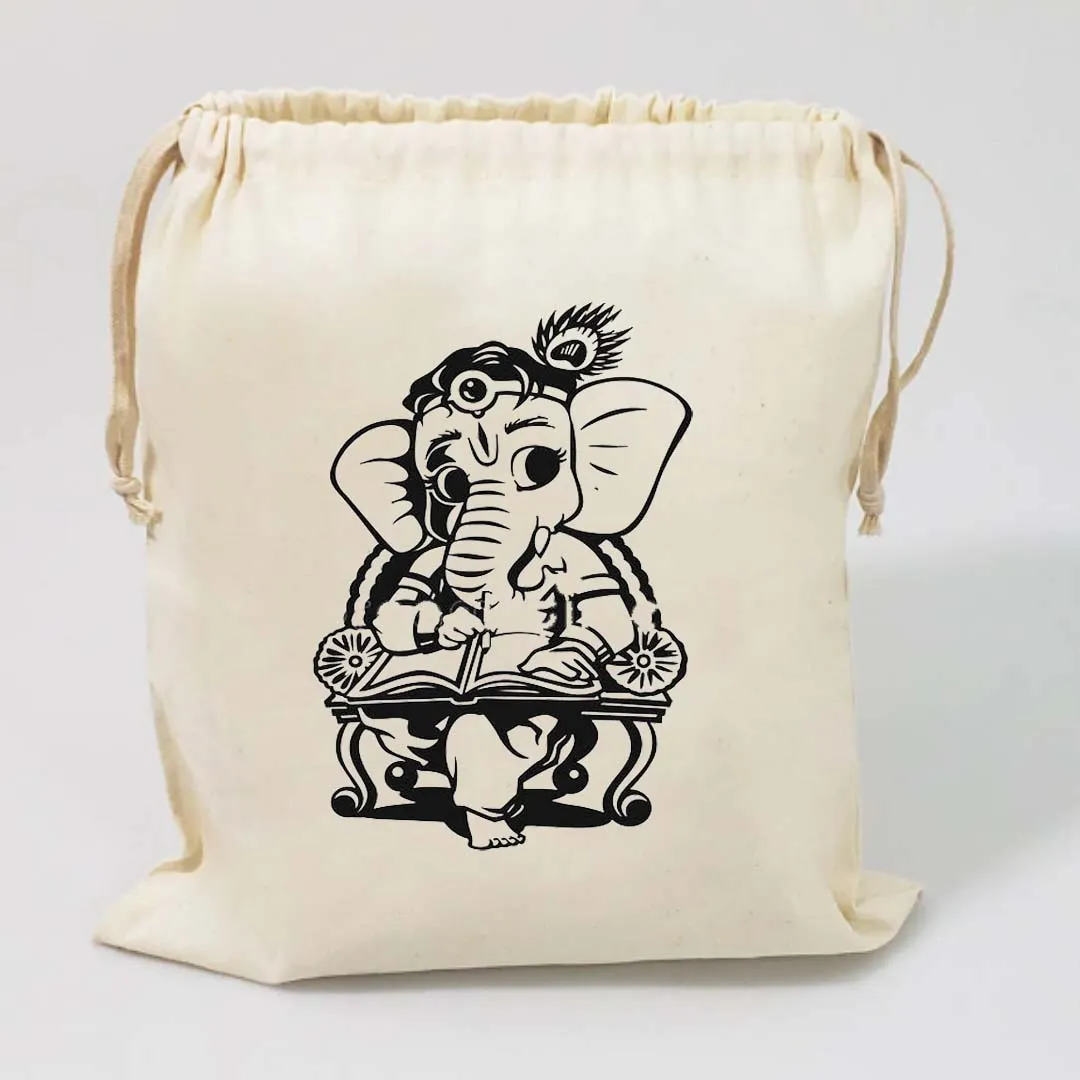 Handmakers Black Ganesh Print Canvas White Potli Bag for Gifts Ideas