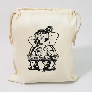 Handmakers Black Ganesh Print Canvas White Potli Bag for Gifts Ideas