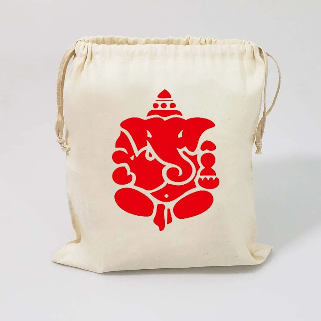 Handmakers white gift potli pouch with Red Ganesh print for wedding