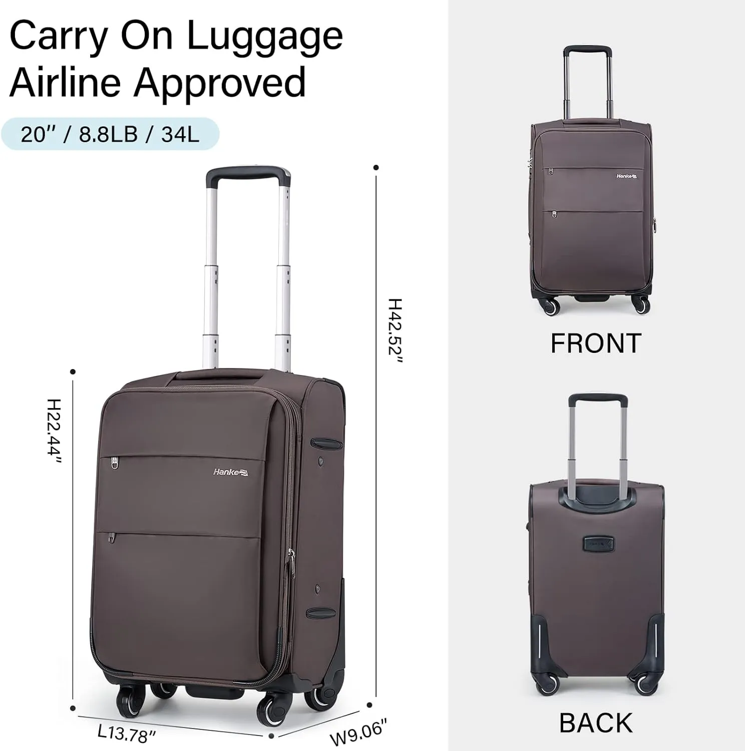 Hanke 20 Inch Expandable Carry On Luggage 22x14x9 Airline Approved Softside Suitcases with Wheels Lightweight Travel Luggage Rolling Suitcase with Lock for Men and Women.(Coffee)