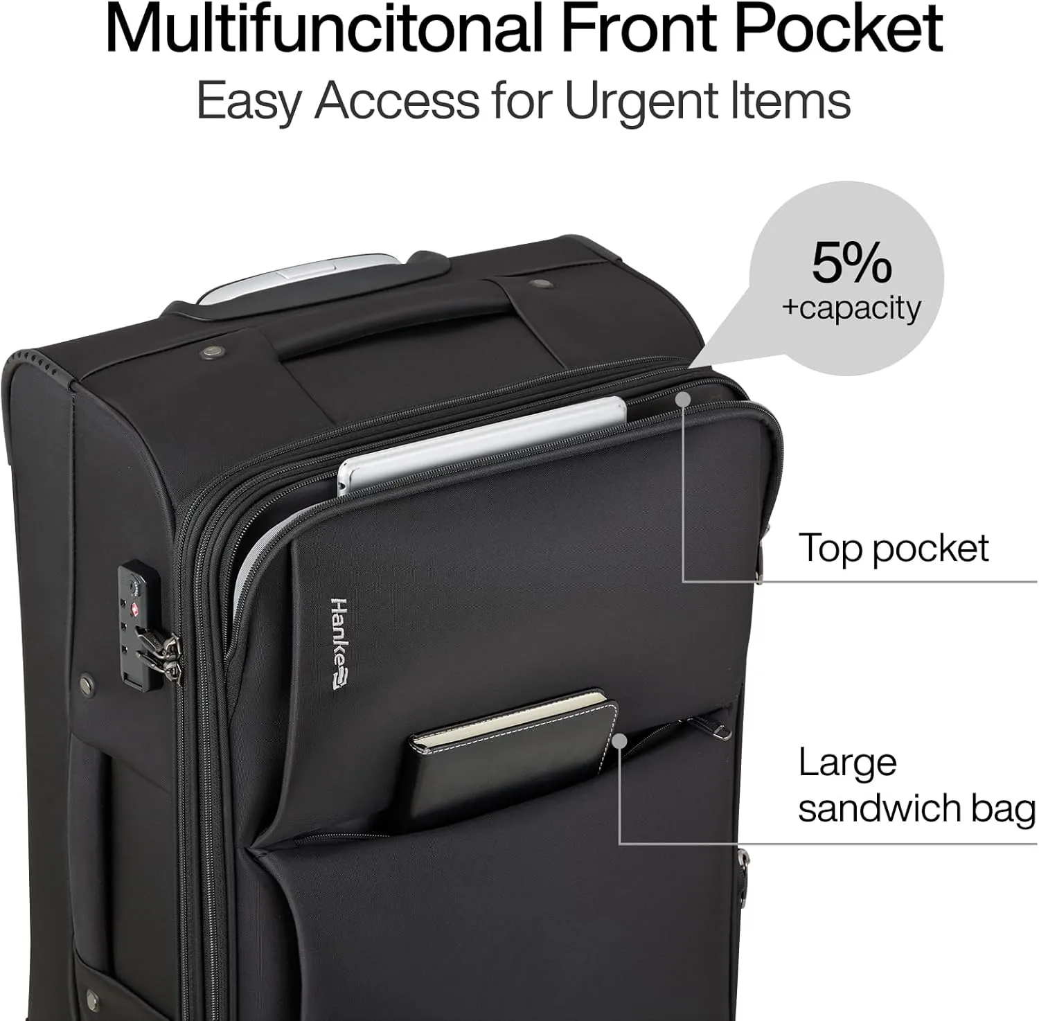 Hanke 28 Inch Luggage Softside Expandable Suitcases with Spinner Wheels, Travel Checked Luggage for Women Men(Black)