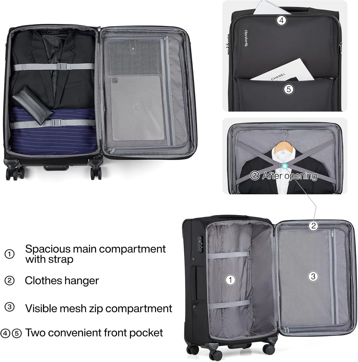 Hanke 28 Inch Luggage Softside Expandable Suitcases with Spinner Wheels, Travel Checked Luggage for Women Men(Black)