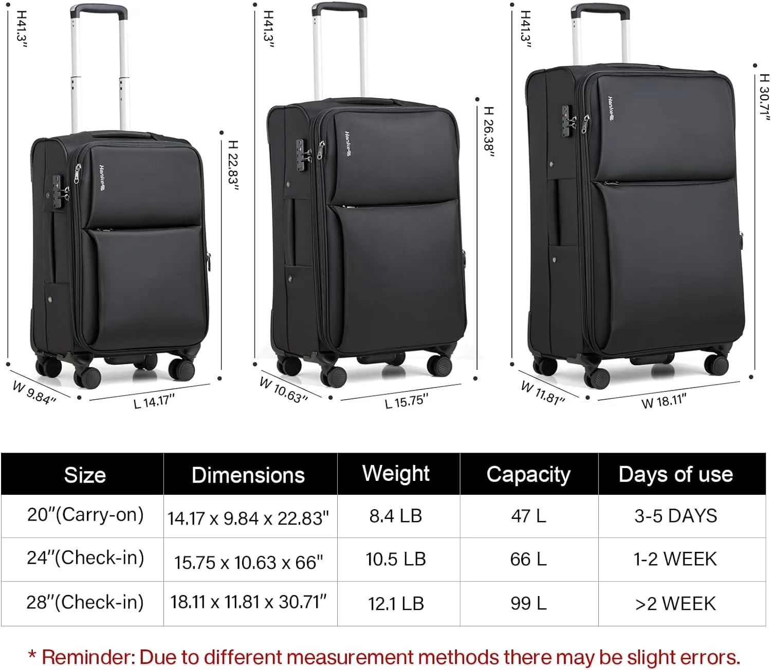 Hanke 28 Inch Luggage Softside Expandable Suitcases with Spinner Wheels, Travel Checked Luggage for Women Men(Black)