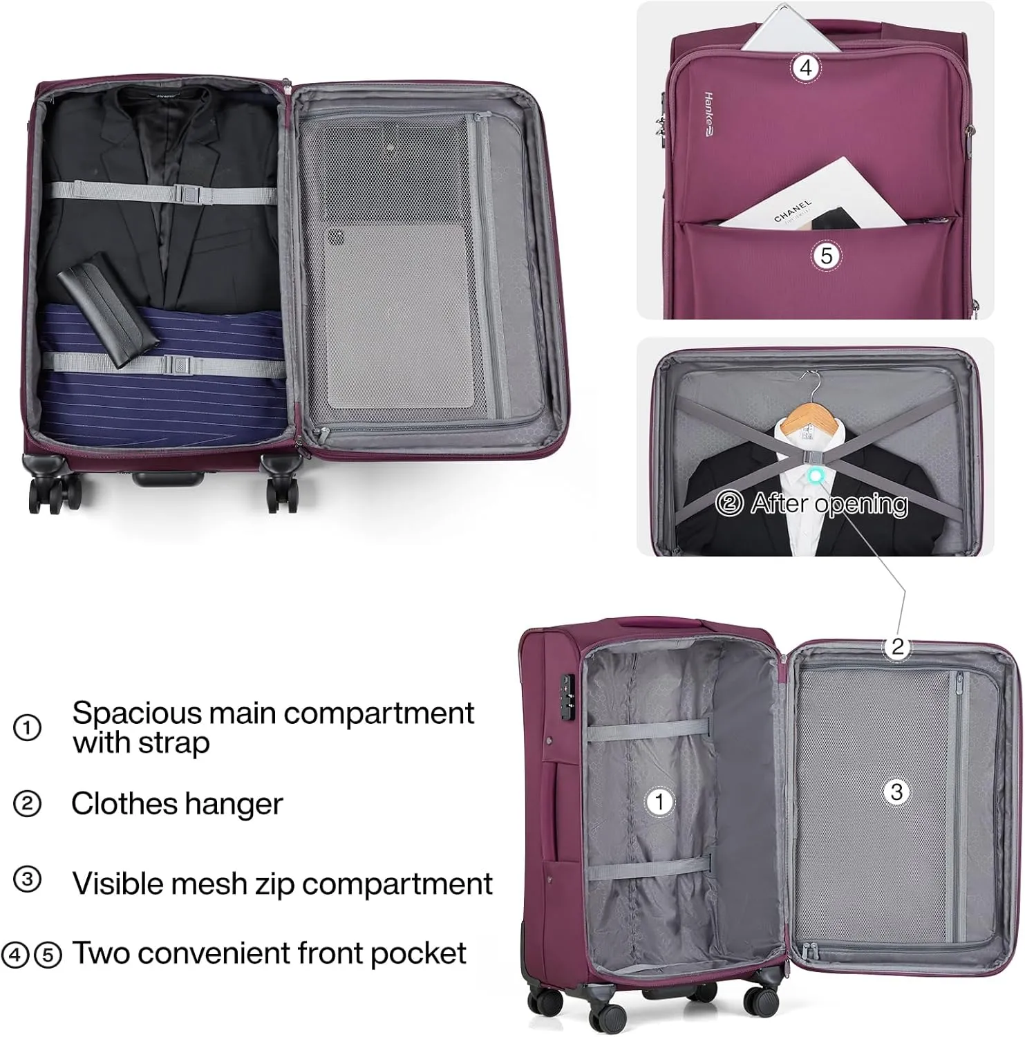 Hanke 3 Piece Luggage Sets Softside Expandable Carry On Luggage Set Travel Suitcase Sets with Spinner Wheels TSA Approved Luggage(Purple, 20in/24in/28in)