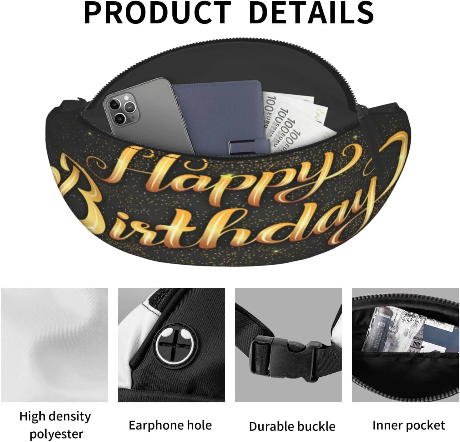 Happy Birthday Golden Fanny Pack, Crossbody Waist Packs for Women Men Waist Bags with Adjustable Strap for Travel Running Hiking Sport