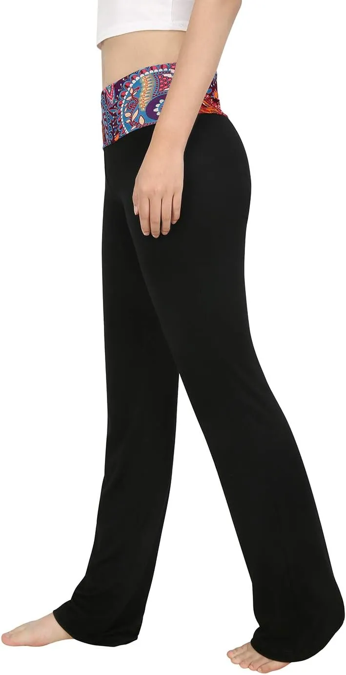 HDE Women's Color Block Fold Over Waist Yoga Pants Flare Leg Workout Leggings