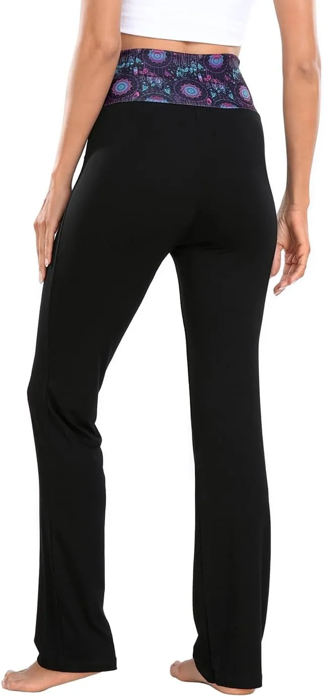 HDE Women's Color Block Fold Over Waist Yoga Pants Flare Leg Workout Leggings