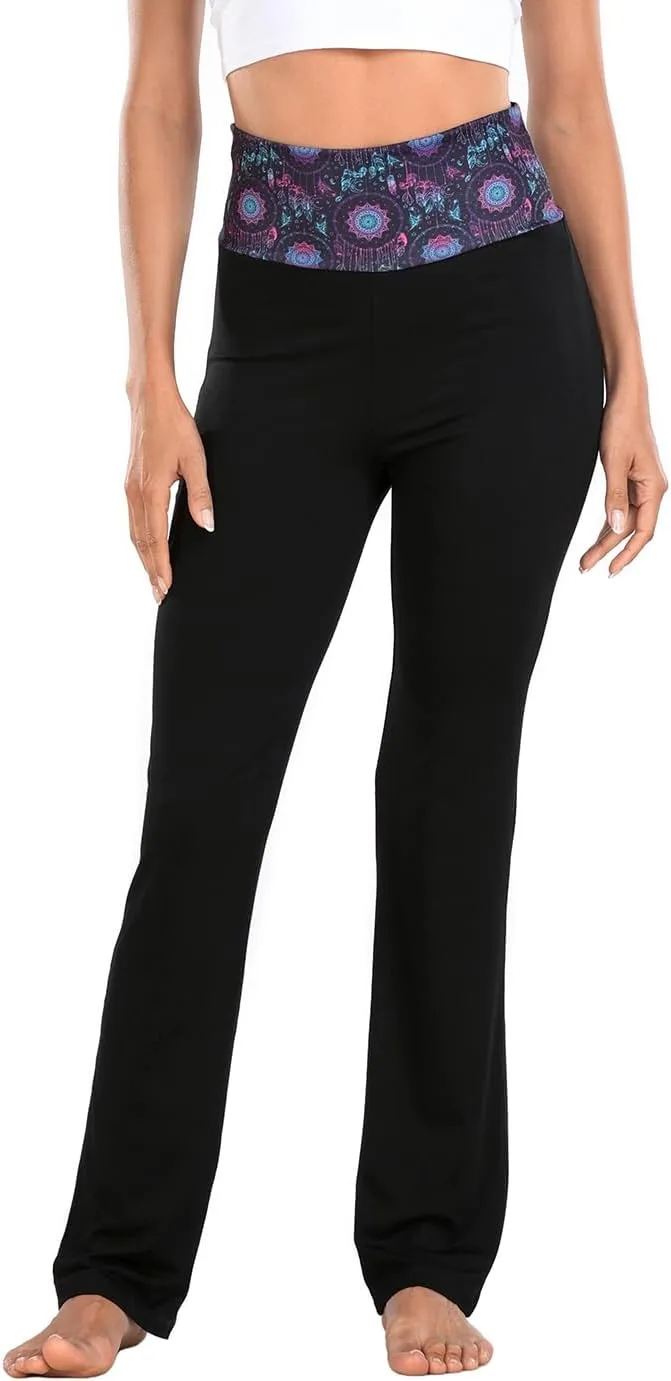 HDE Women's Color Block Fold Over Waist Yoga Pants Flare Leg Workout Leggings
