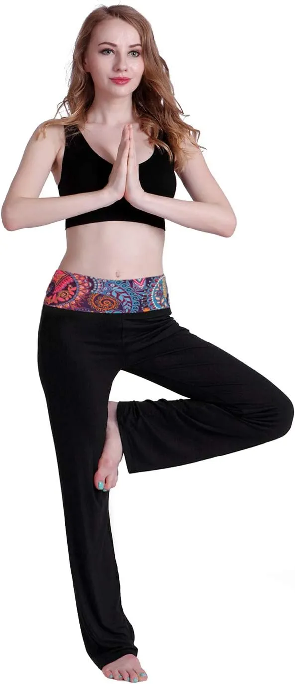 HDE Women's Color Block Fold Over Waist Yoga Pants Flare Leg Workout Leggings