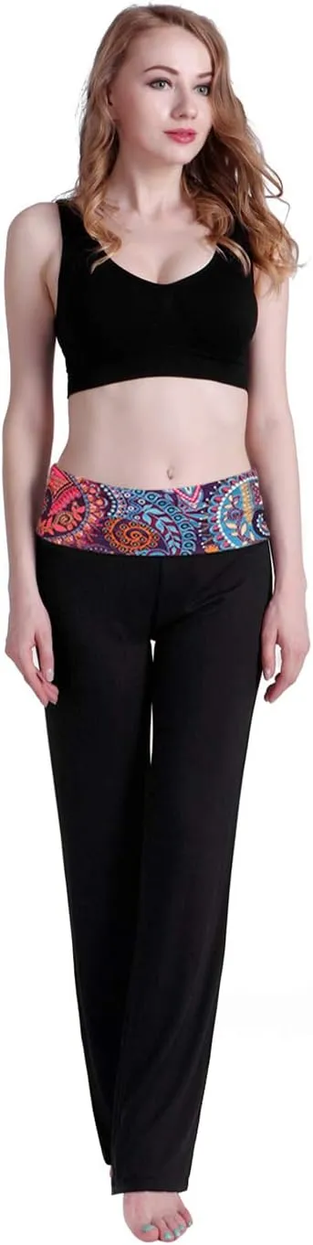 HDE Women's Color Block Fold Over Waist Yoga Pants Flare Leg Workout Leggings