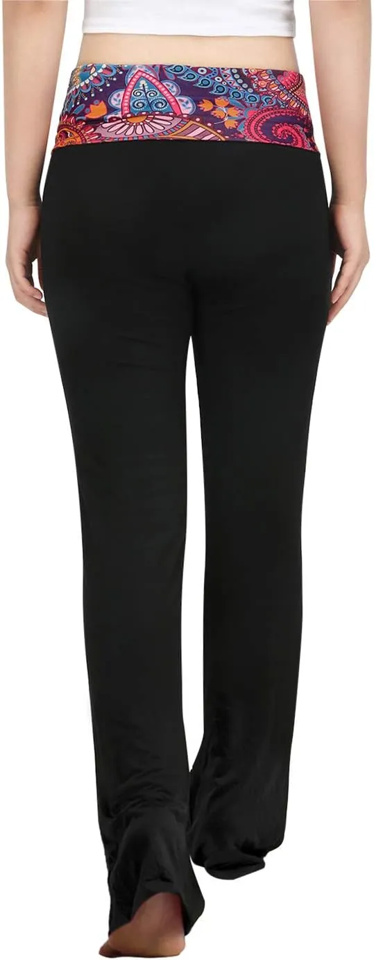HDE Women's Color Block Fold Over Waist Yoga Pants Flare Leg Workout Leggings