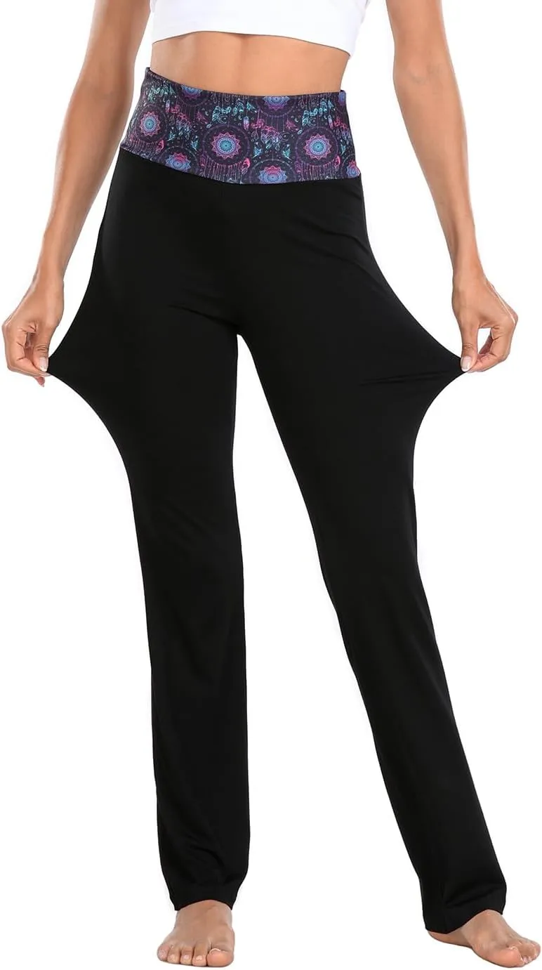HDE Women's Color Block Fold Over Waist Yoga Pants Flare Leg Workout Leggings
