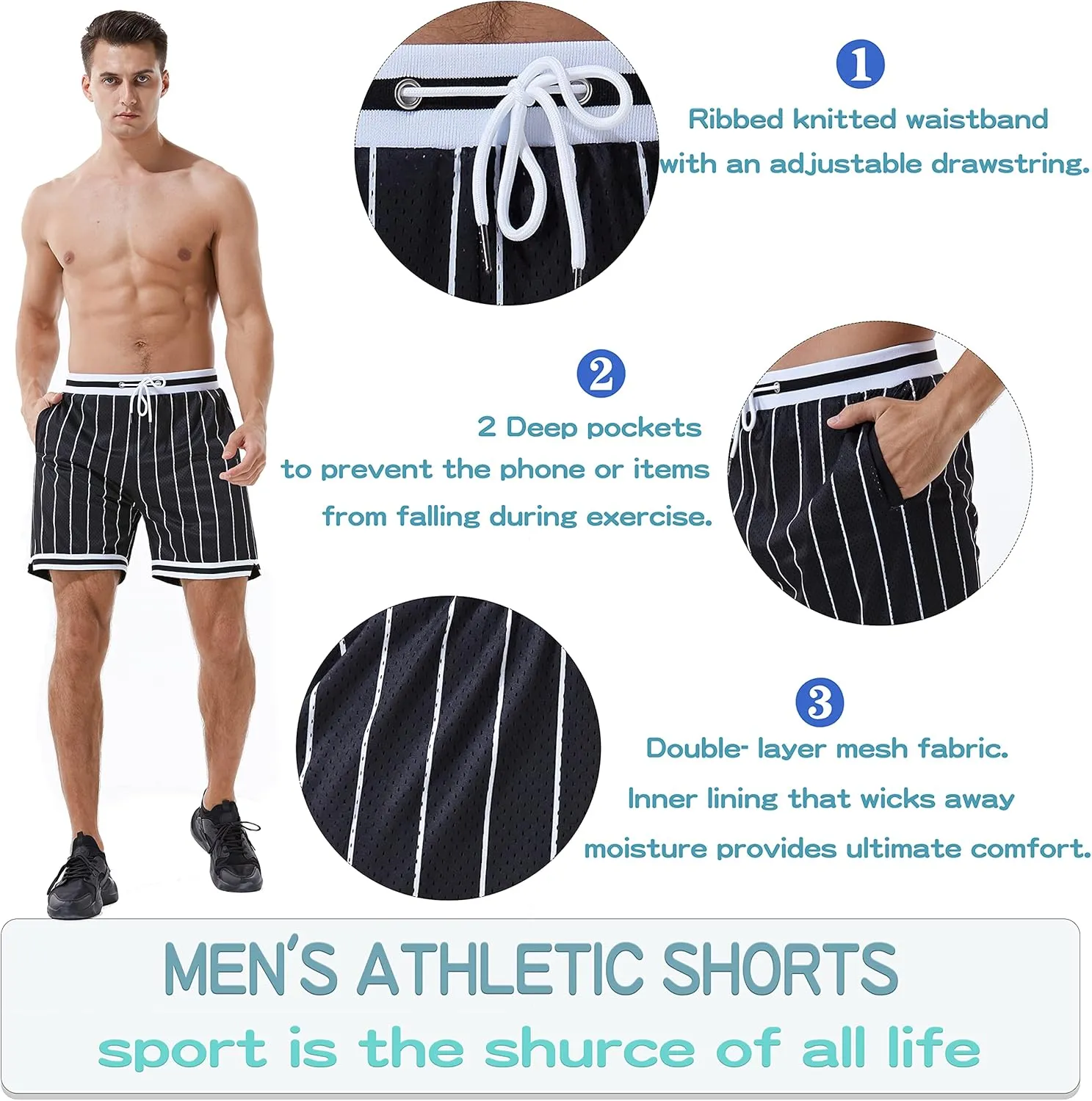 HEALONG Basketball Athletic Shorts Men - Mesh Gym Sports Workout Training Drawstring Retro Casual Fashion Short with Pockets