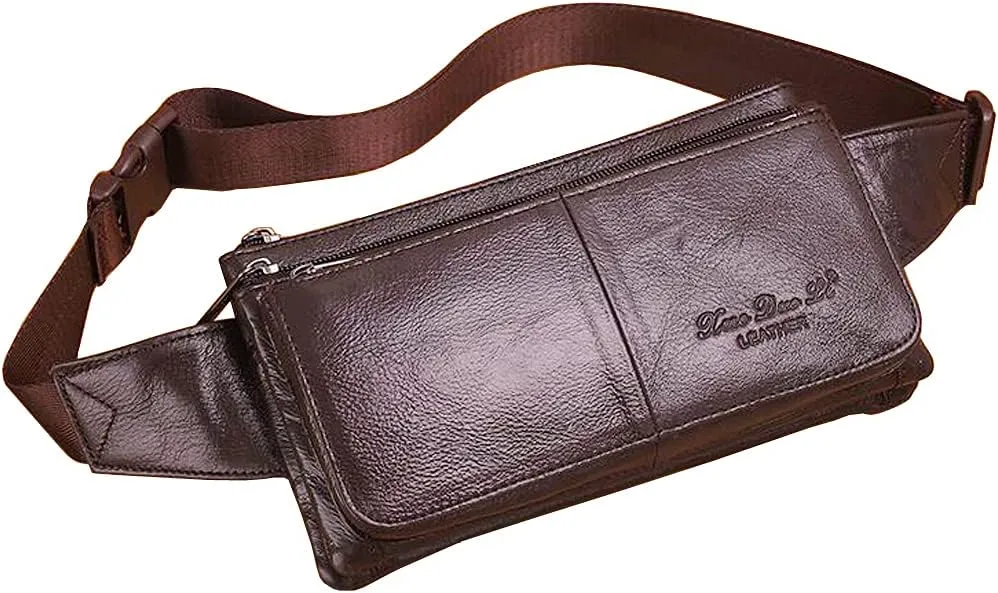 Hebetag Leather Fanny Pack Waist Bag for Men Women Outdoor Travel Hunting Hiking Camping Hip Bum Belt Cell Phone Purse Wallet Pouch, Coffee