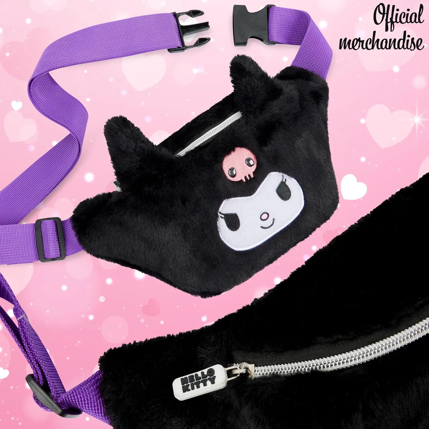 Hello Kitty Womens Fanny Pack, Plush Waist Bag with Adjustable Strap, Kawaii Waist Pouch for Phone Money, Cute Gifts for Her (Black)