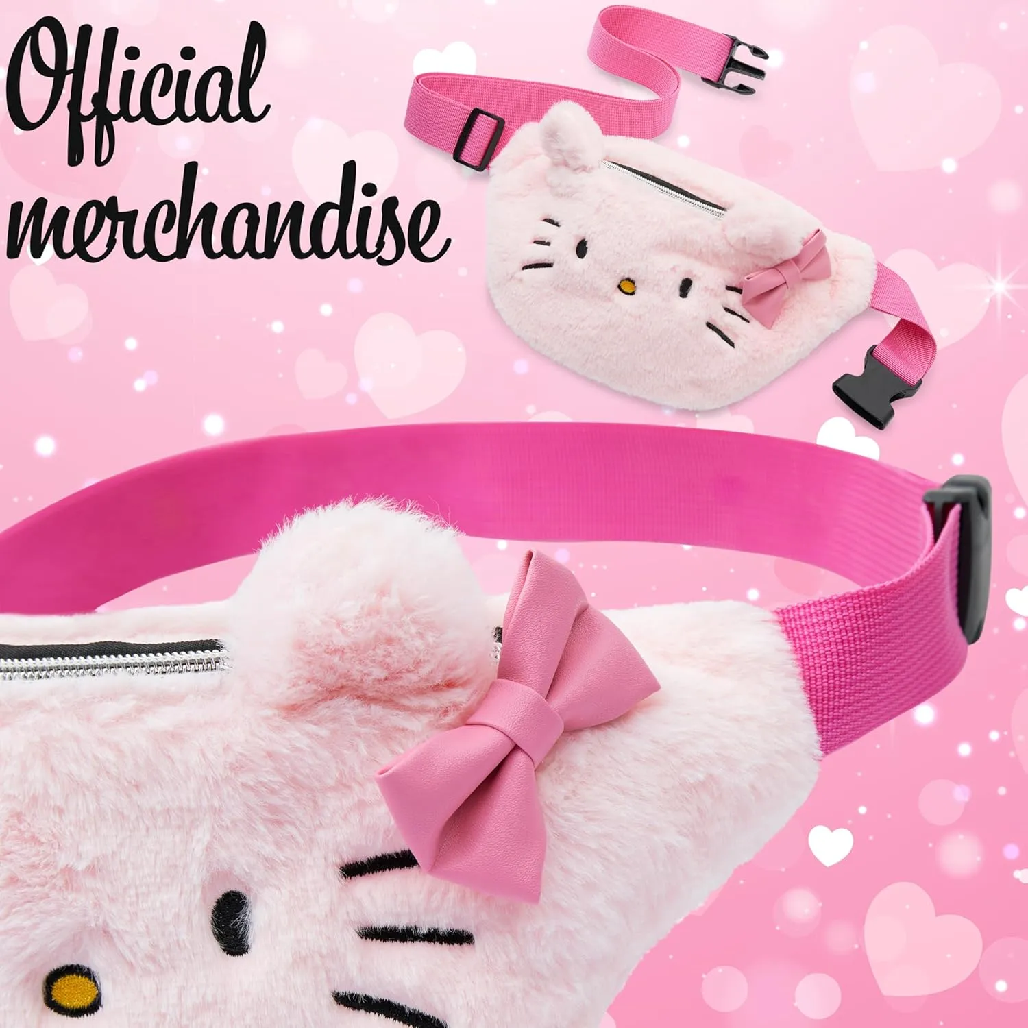 Hello Kitty Womens Fanny Pack, Plush Waist Bag with Adjustable Strap, Kawaii Waist Pouch for Phone Money, Cute Gifts for Her (Pink)