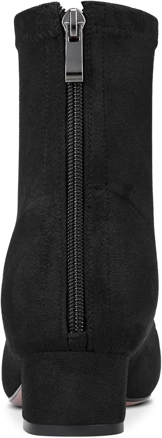 HEUIVZAR Womens Ankle Boots Short Bootie Mid Chunky Block Heel Closed Pointed Toe Suede Shoes Classic Zipper 2 Inch