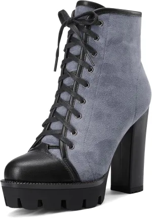 HEUIVZAR Womens Platform Closed Toe Ankle Boots Short Bootie Chunky Block High Heel Zipper Lace-up Classic Suede 5 Inch