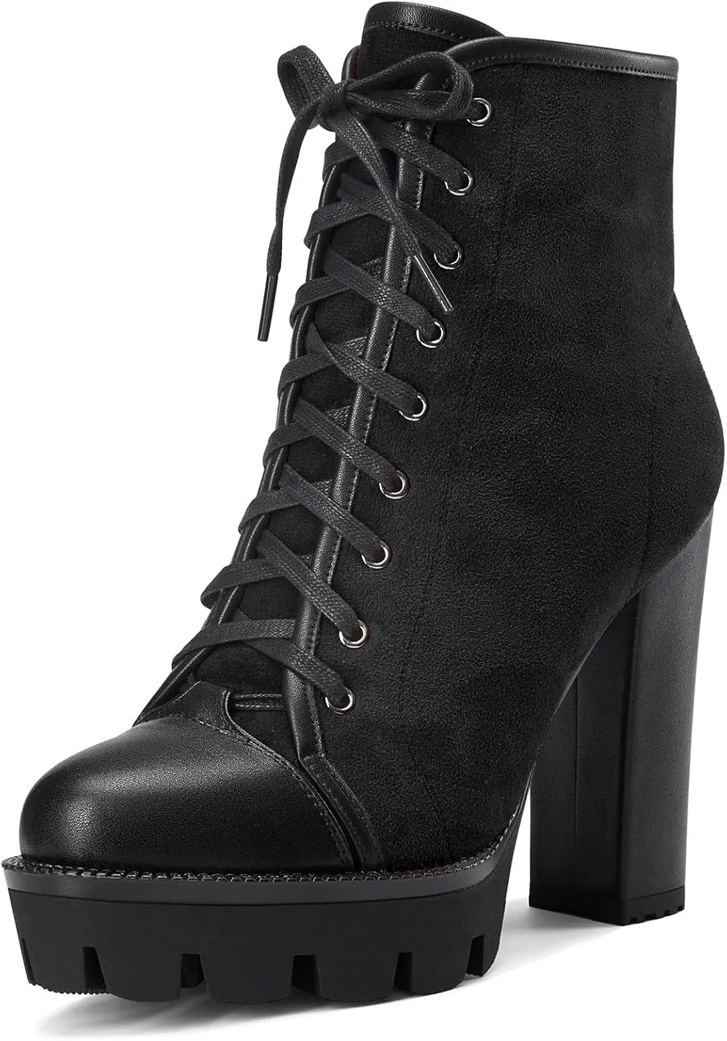 HEUIVZAR Womens Platform Closed Toe Ankle Boots Short Bootie Chunky Block High Heel Zipper Lace-up Classic Suede 5 Inch