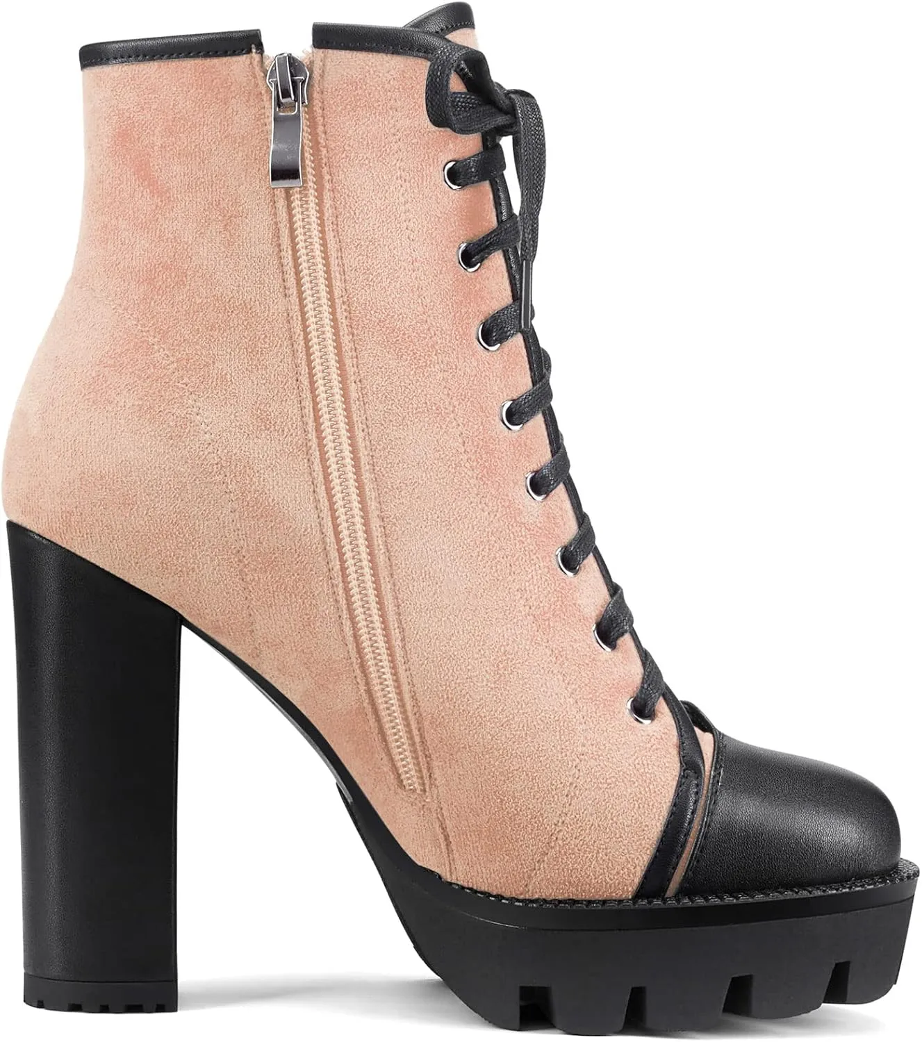HEUIVZAR Womens Platform Closed Toe Ankle Boots Short Bootie Chunky Block High Heel Zipper Lace-up Classic Suede 5 Inch