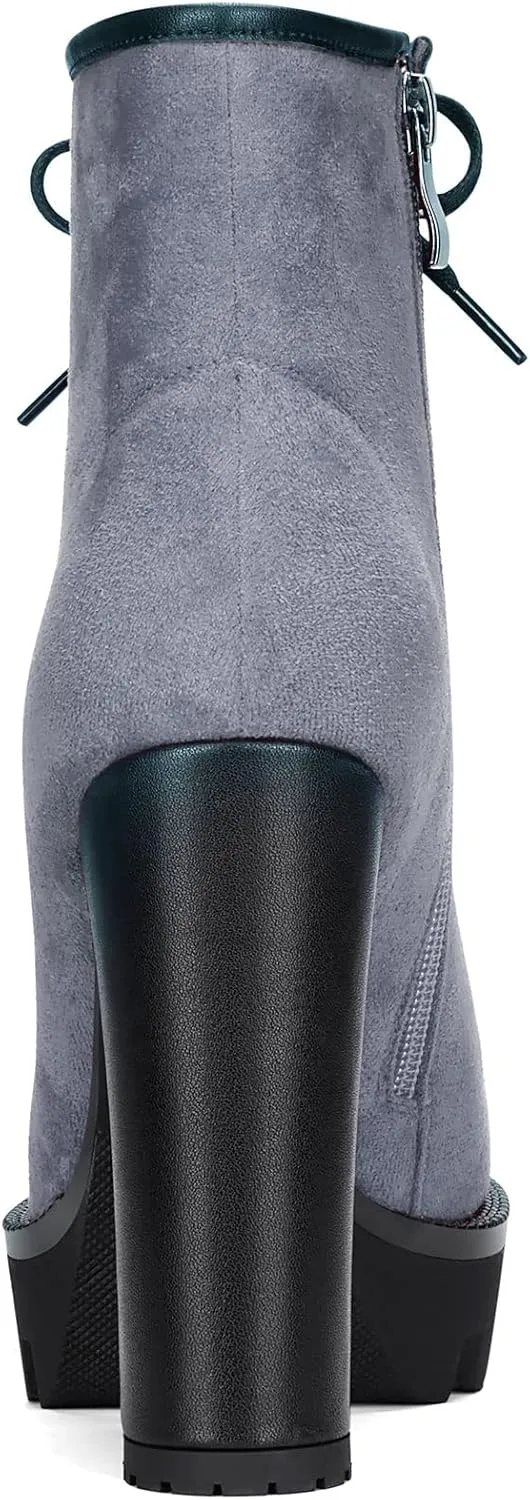 HEUIVZAR Womens Platform Closed Toe Ankle Boots Short Bootie Chunky Block High Heel Zipper Lace-up Classic Suede 5 Inch