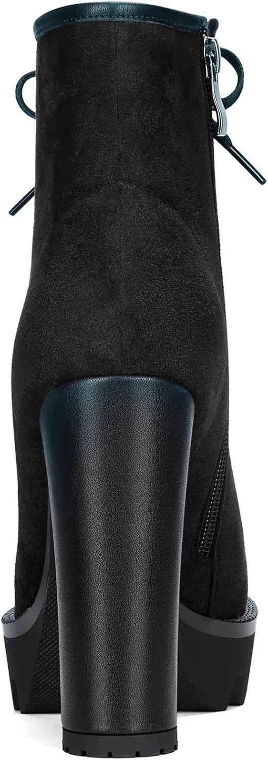 HEUIVZAR Womens Platform Closed Toe Ankle Boots Short Bootie Chunky Block High Heel Zipper Lace-up Classic Suede 5 Inch