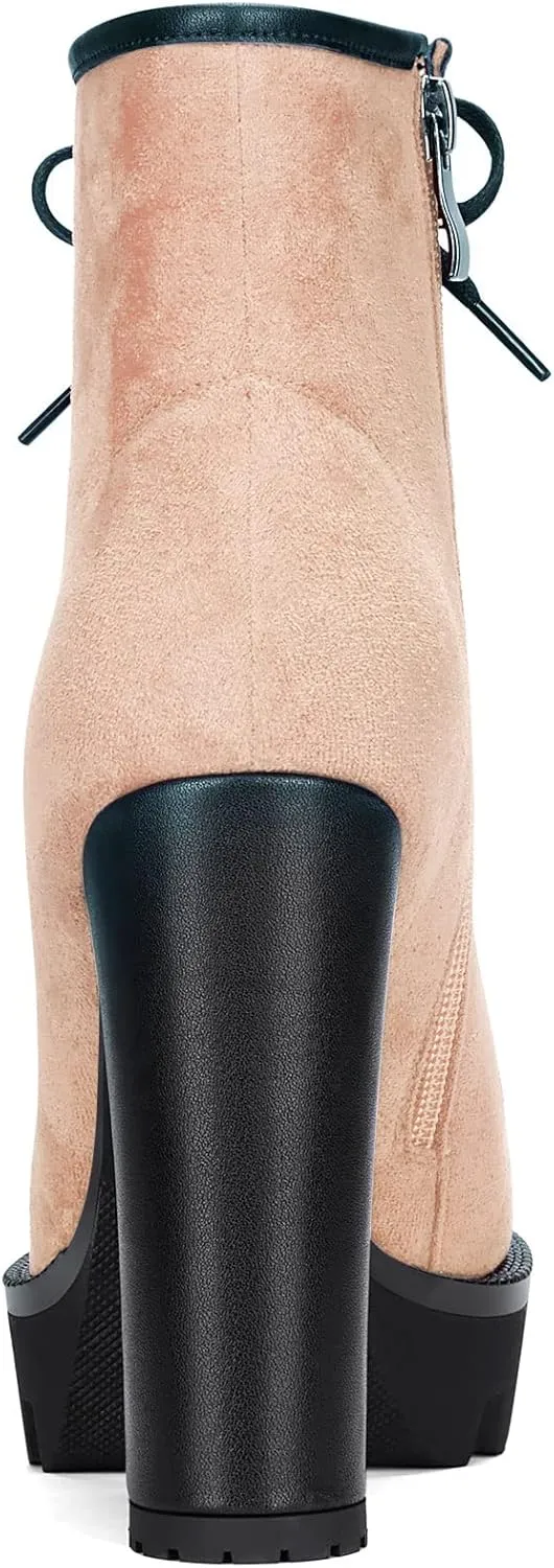 HEUIVZAR Womens Platform Closed Toe Ankle Boots Short Bootie Chunky Block High Heel Zipper Lace-up Classic Suede 5 Inch