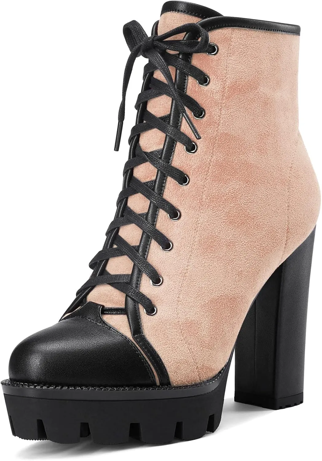 HEUIVZAR Womens Platform Closed Toe Ankle Boots Short Bootie Chunky Block High Heel Zipper Lace-up Classic Suede 5 Inch