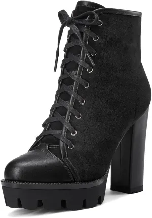 HEUIVZAR Womens Platform Closed Toe Ankle Boots Short Bootie Chunky Block High Heel Zipper Lace-up Classic Suede 5 Inch