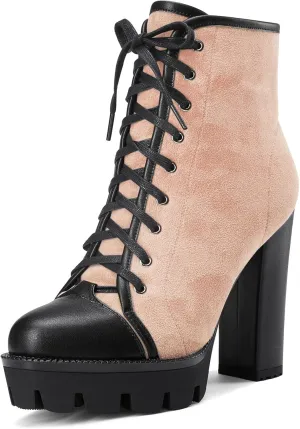 HEUIVZAR Womens Platform Closed Toe Ankle Boots Short Bootie Chunky Block High Heel Zipper Lace-up Classic Suede 5 Inch